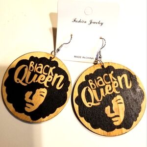 Black Queen Afrocentric Wood Dangle Pierced Earrings